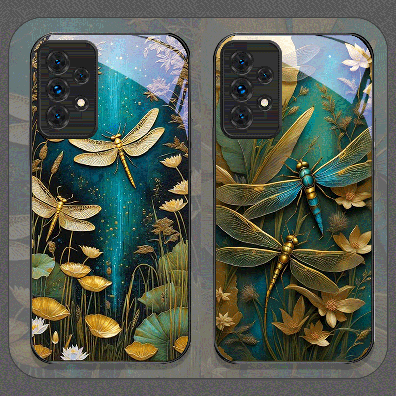 Phone Cases Samsung A14 - Flower Golden Dragonfly Tempered Glass Phone